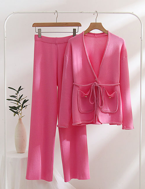 Fashion Pink Two Pieces Of Woven Belt H -shaped Solid Color Jacket Sweater