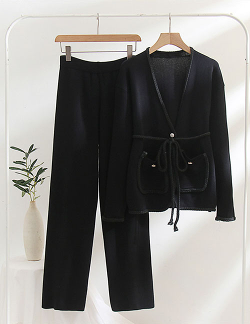 Fashion Black Two Pieces Of Woven Belt H -shaped Solid Color Jacket Sweater