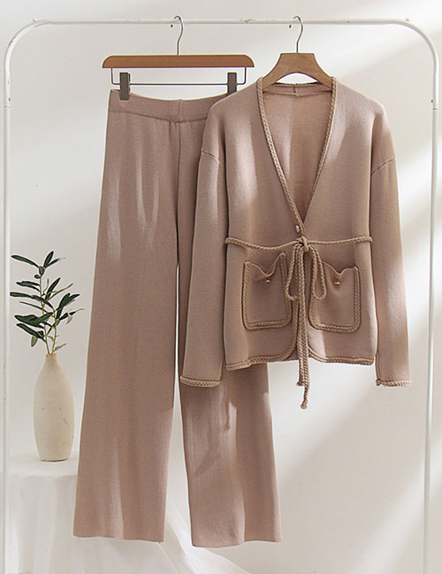 Fashion Khaki Two Pieces Of Woven Belt H -shaped Solid Color Jacket Sweater