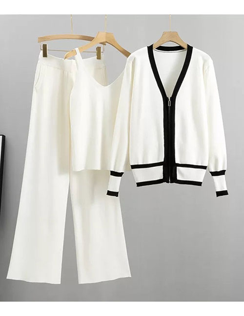 Fashion White Three -piece Of Knitted V -neck Jacket Vest Trousers