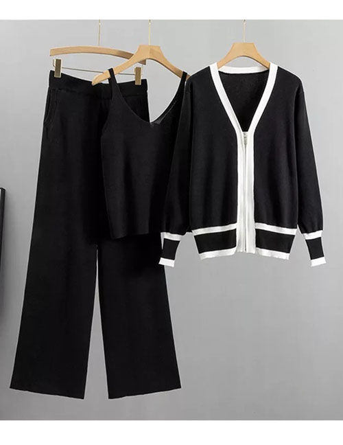 Fashion Black Three -piece Of Knitted V -neck Jacket Vest Trousers