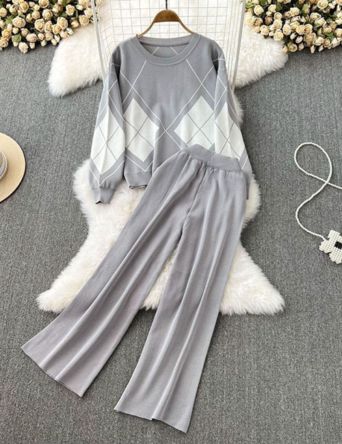 Fashion Grey Knitted Diamond Long -sleeved Round Neck Pants Sleeve Suit