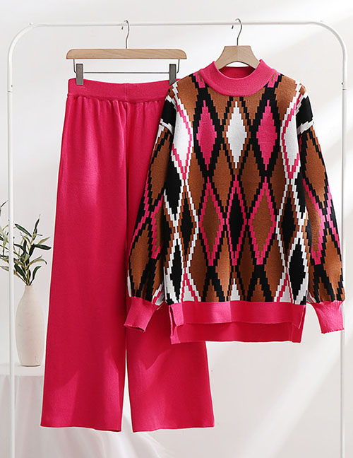 Fashion Rose Red Slim Knitted Rhombus Tops Pants Two -piece Suit