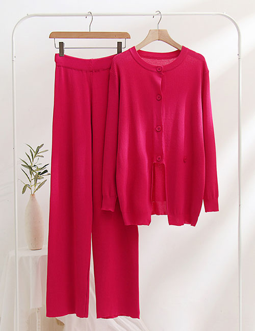 Fashion Rose Red Long -sleeved Round Neck Split Irregular Jackets Are Thin Knitted Two -piece Set