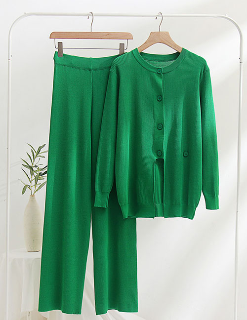 Fashion Green Long -sleeved Round Neck Split Irregular Jackets Are Thin Knitted Two -piece Set