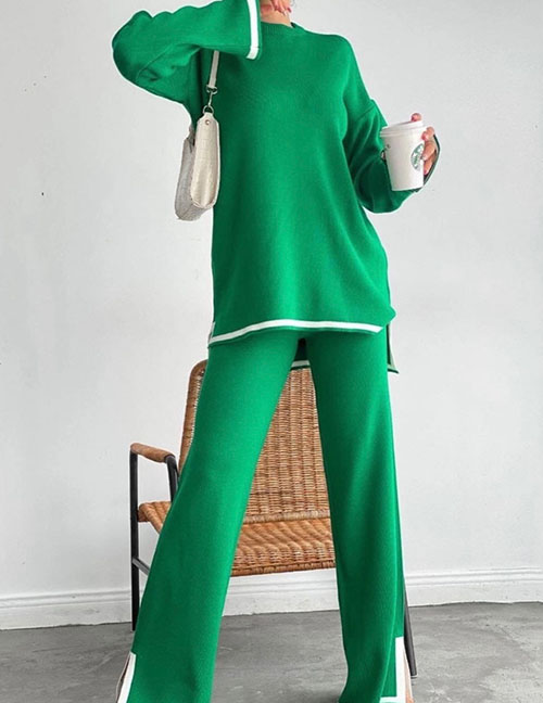 Fashion Green Long -sleeved V Buckle Stitching Knitted Top Trousers Suite