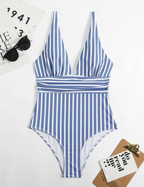 Fashion Blue Polyester Stripe One-piece Swimsuit