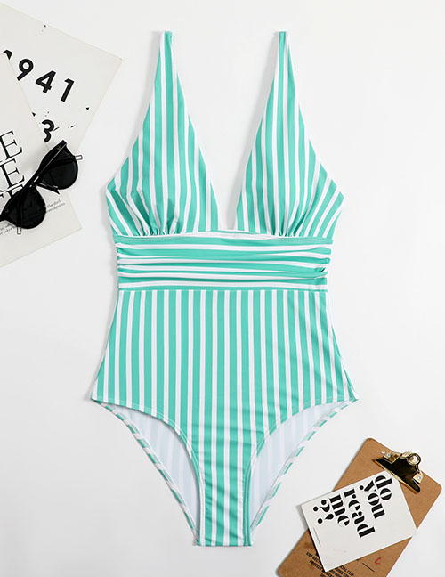 Fashion Green Polyester Stripe One-piece Swimsuit