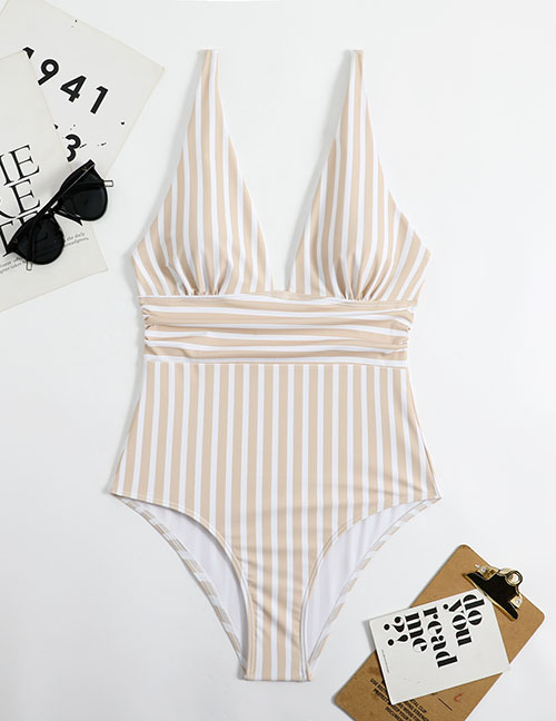 Fashion Brown Polyester Stripe One-piece Swimsuit