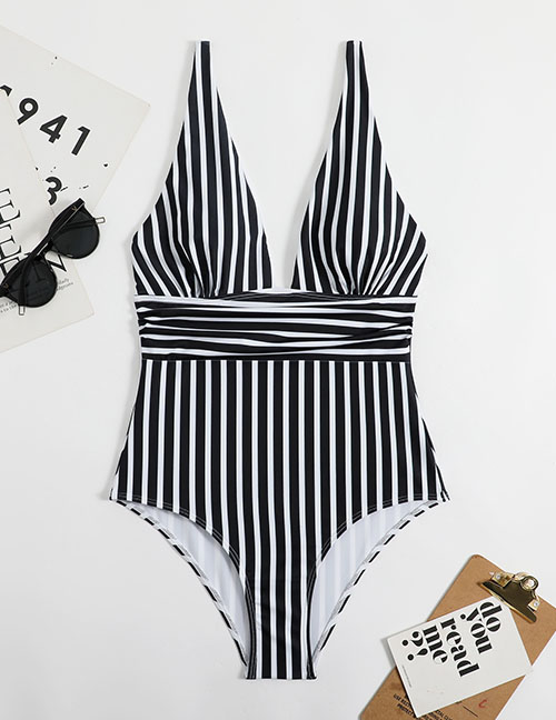 Fashion Black Polyester Stripe One-piece Swimsuit