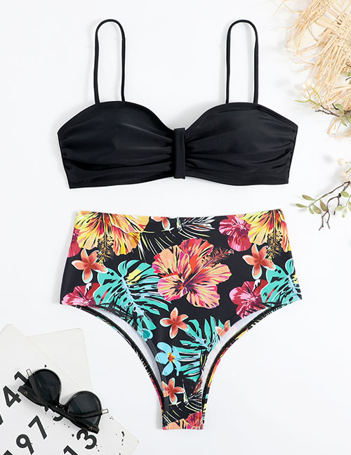 Fashion Black Nylon Print High Waist Two-piece Swimsuit