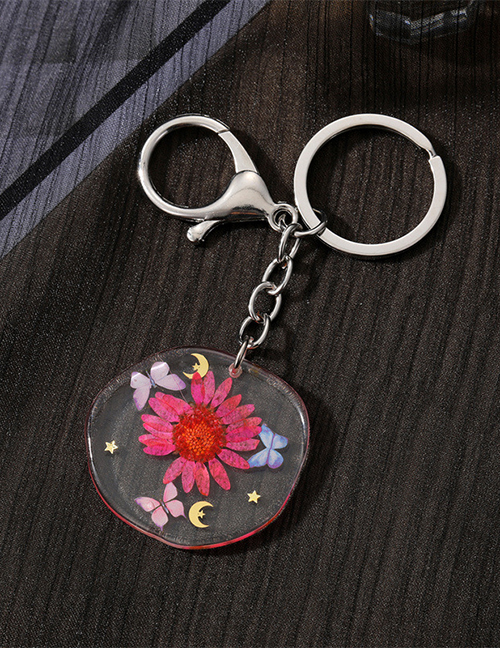 Fashion Butterfly Rose Safflower (silver Buckle) Geometric Epoxy Dried Flower Round Card Keychain