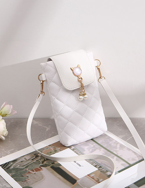 Fashion White Pu Rhombus Cat Flip Top Messenger Bag
