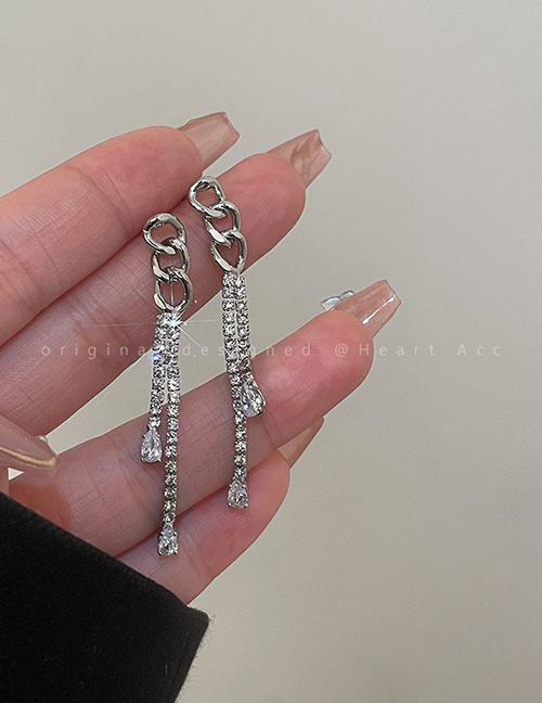 Fashion Silver Alloy Inlaid Zirconium Chain Long Tassel Earrings