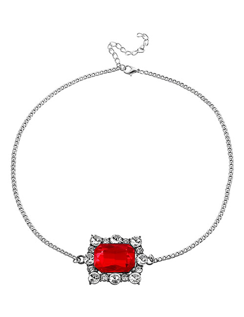 Fashion Red Alloy Paved Square Diamond Necklace