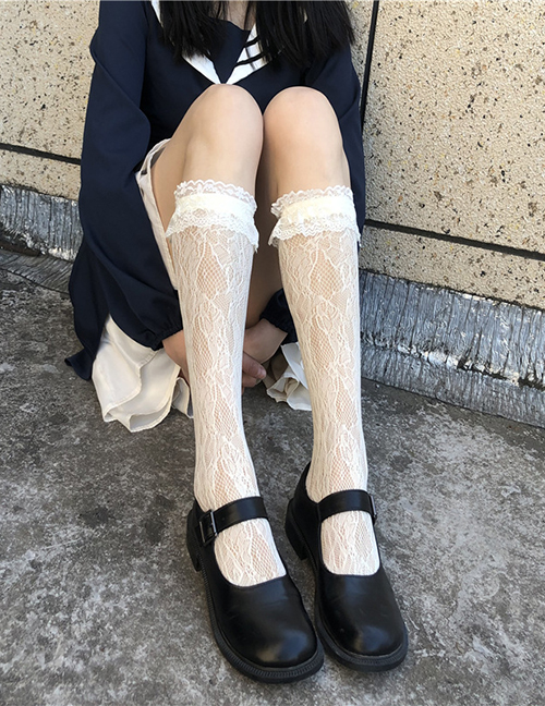 Fashion Beige Nylon Lace Embroidered Socks