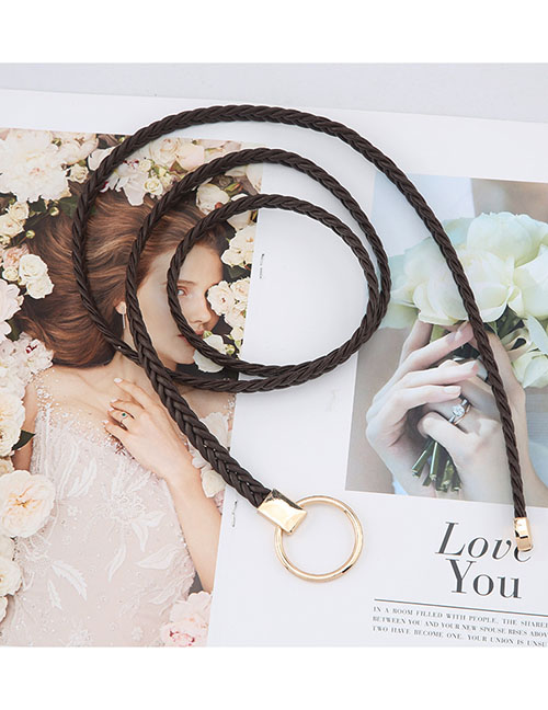 Fashion Coffee Cotton And Linen Woven Waist Rope Round Buckle Tie Flowers Belt