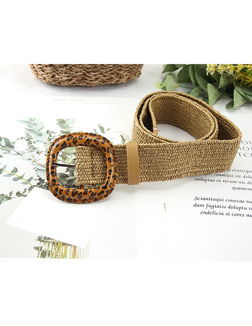 Fashion Khaki 4cm Pp Grass Cotton Linen And Leopard Strip Belt