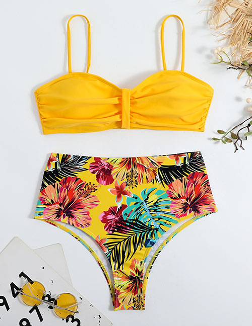 Fashion Yellow Nylon Print High Waist Two-piece Swimsuit