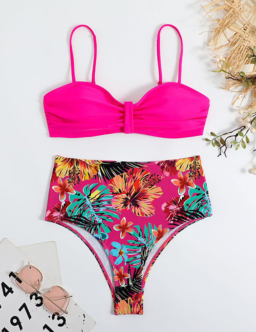 Fashion Rose Red Nylon Print High Waist Two-piece Swimsuit
