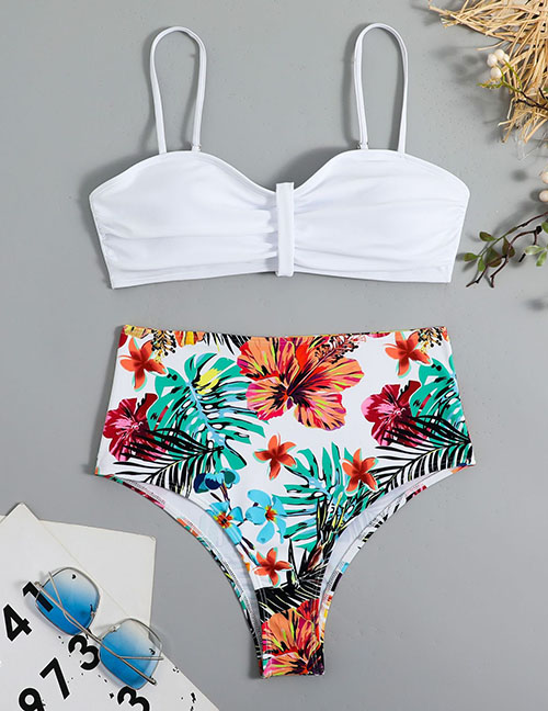 Fashion White Nylon Print High Waist Two-piece Swimsuit