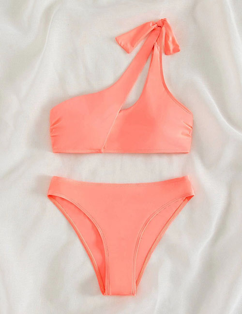 Fashion Pink Nylon One-shoulder Tie Cut-out Two-piece Swimsuit