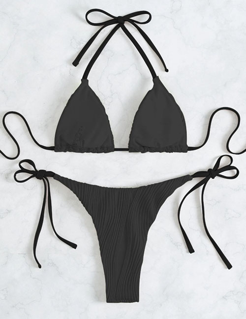Fashion Black Nylon Halter Neck Ties Two-piece Swimsuit Three-piece Set