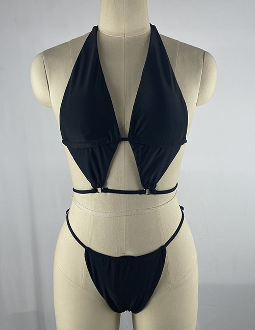 Fashion Black Nylon Solid Color Halter Neck Two-piece Swimsuit
