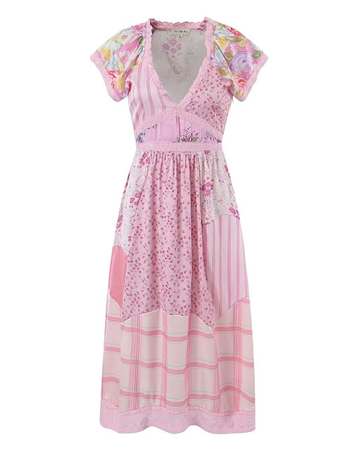 Fashion Pink Polyester Printed V-neck Dress