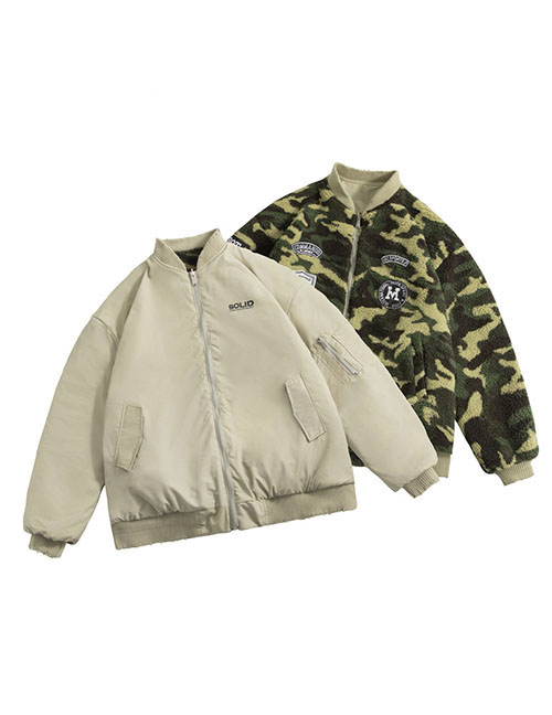 Fashion Khaki Reversible Camouflage Zipper Stand Collar Jacket