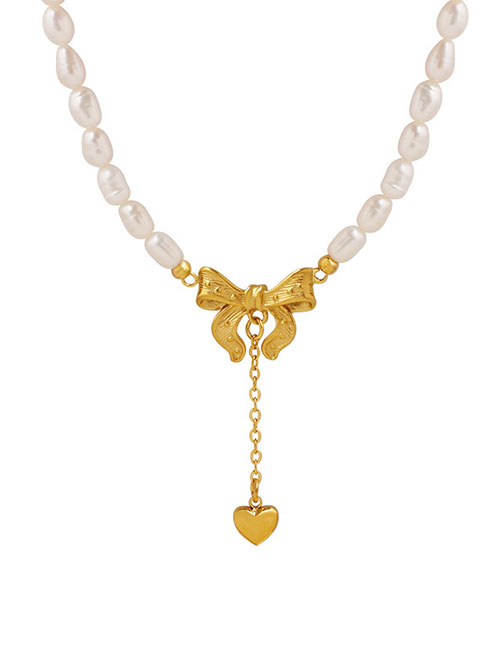 Fashion Gold Titanium Steel Pearl Beaded Heart Tassel Bow Necklace