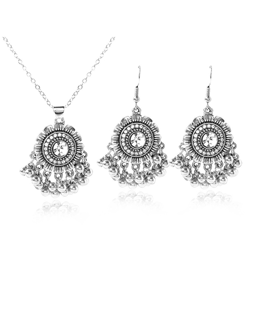 Fashion Silver Alloy Diamond Geometric Stud Earrings Necklace Set