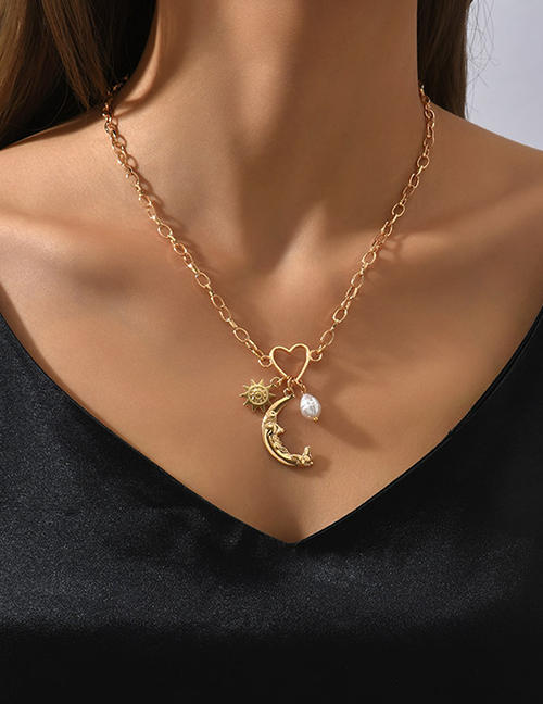 Fashion Gold Alloy Geometric Star Moon Pearl Heart Necklace