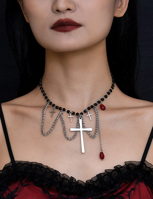 Fashion Black Alloy Crystal Beaded Cross Chain Tassel Necklace