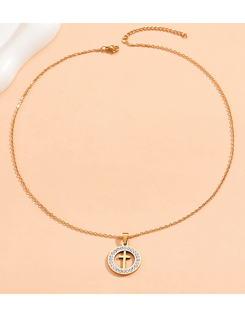 Fashion Gold Alloy Diamond Cross Round Necklace