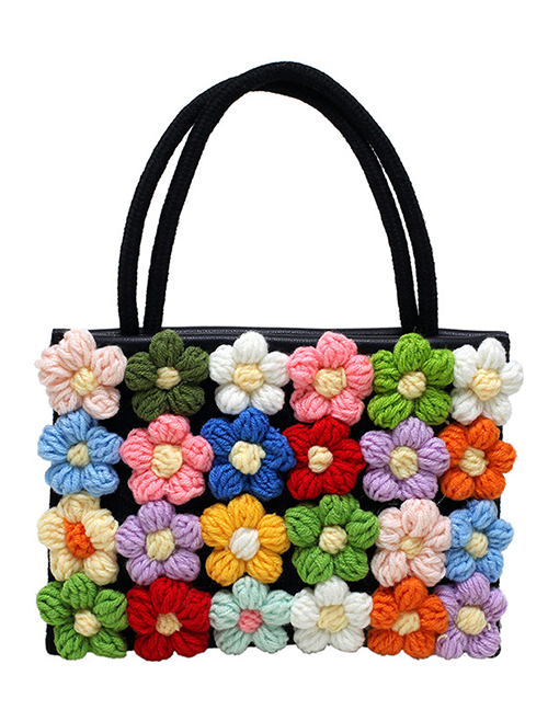 Fashion Black Cotton Linen Flower Knitted Large Capacity Handbag