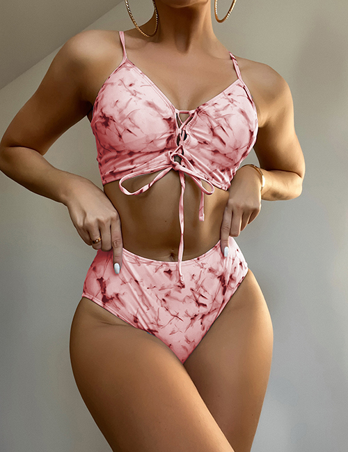 Fashion Pink Polyester Ink Print Lace-up Swimsuit