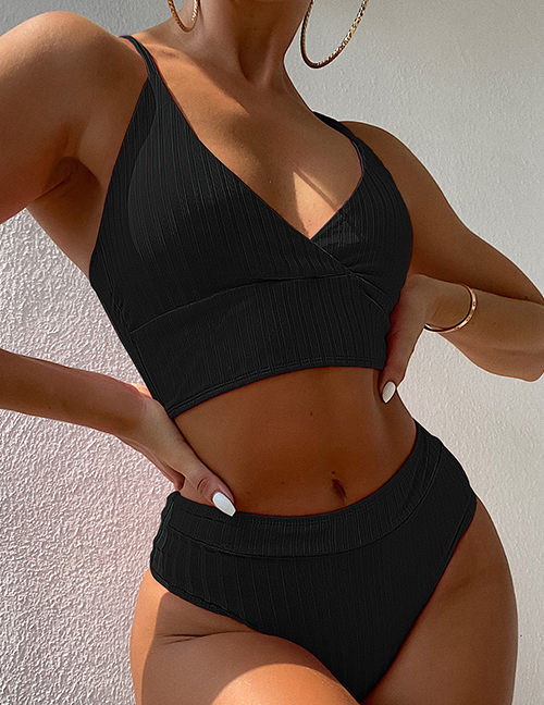 Fashion Black Solid Color Pitted V-neck Two-piece Swimsuit