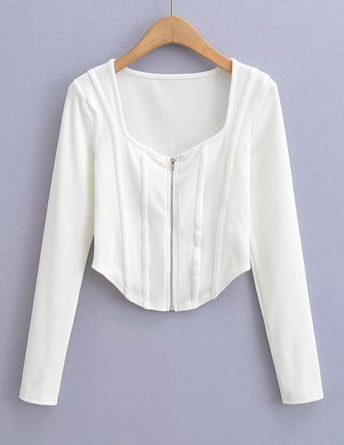 Fashion White Polyester Herringbone Zip-up Cardigan