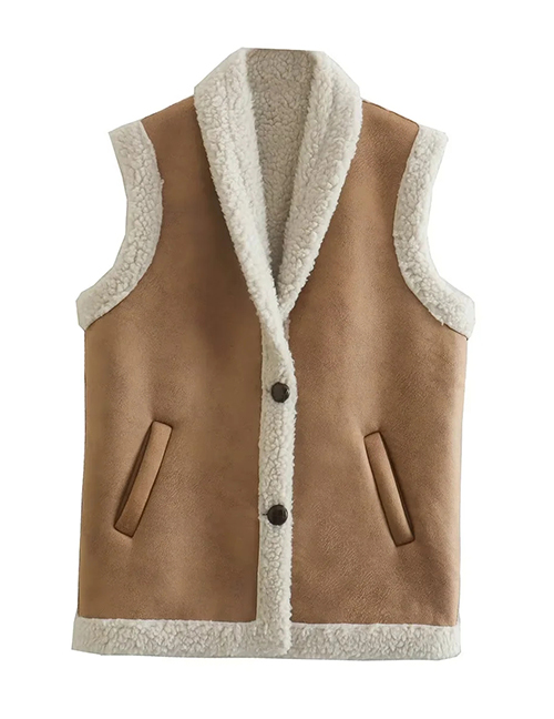 Fashion Coffee Color Suede Breasted Vest Jacket  Polyester