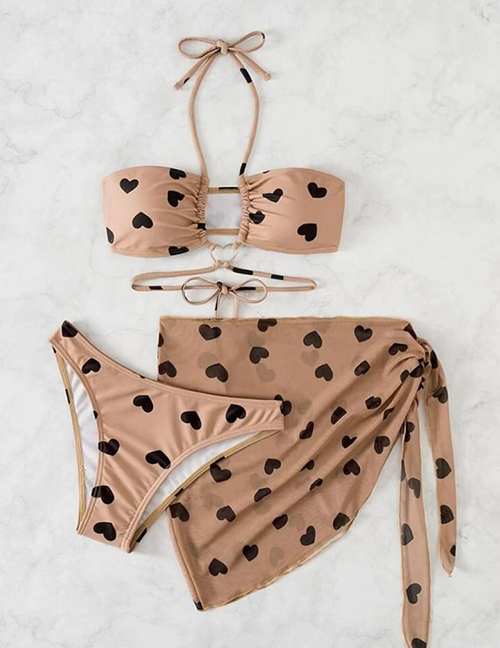 Fashion Printing Polyester Love Print Halter Neck Ties Two-piece Swimsuit Three-piece Set