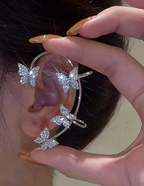 Fashion Silver Left Metal Diamond Butterfly Earrings