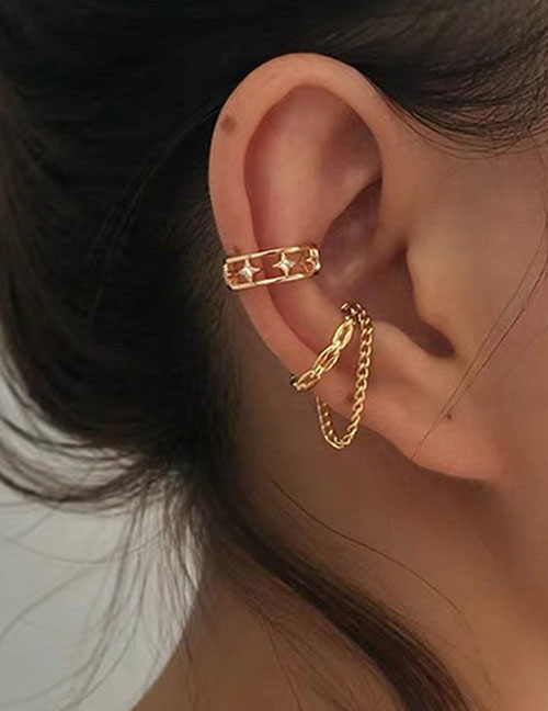 Fashion Gold Metal Inlaid Zirconia Starburst Chain Ear Clip Set