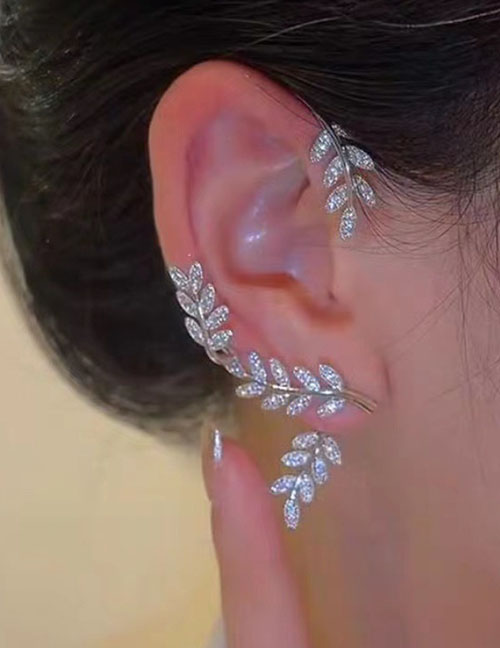 Fashion Silver - Right Metal Diamond Leaf Earrings