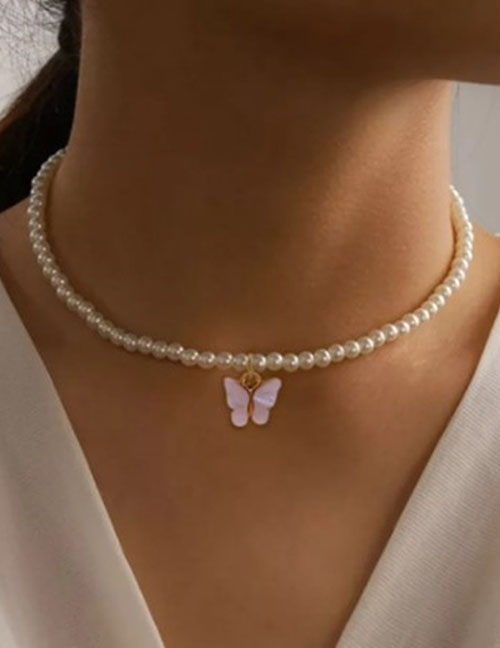 Fashion Pink Pearl Beaded Shell Butterfly Necklace