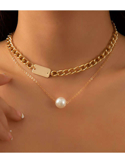 Fashion Gold Metal Geometric Chain Pearl Double Layer Necklace