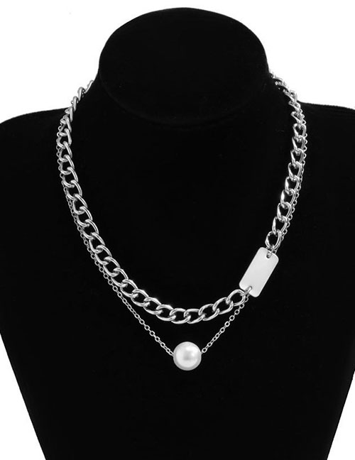 Fashion Silver Metal Geometric Chain Pearl Double Layer Necklace