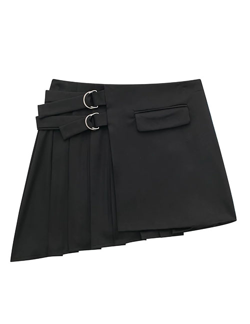 Fashion Black Blended Wide Pleated Asymmetric Skirt  Blended