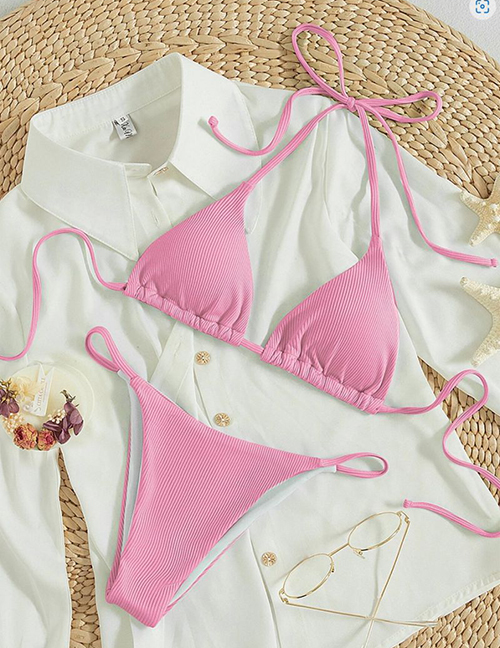 Fashion Pink Polyester Halter Neck One Piece Swimsuit  Polyester
