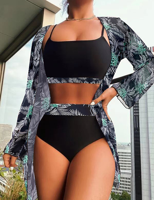 Fashion 5# Polyester Printed High Waist Two-piece Swimsuit Three-piece Set  Polyester